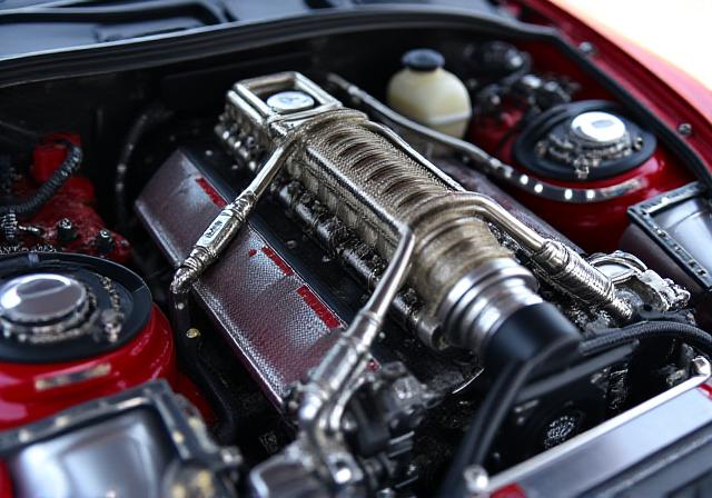 Motor de un Toyota Supra custom con turbo mejorado y componentes pulidos, exhibido con orgullo.